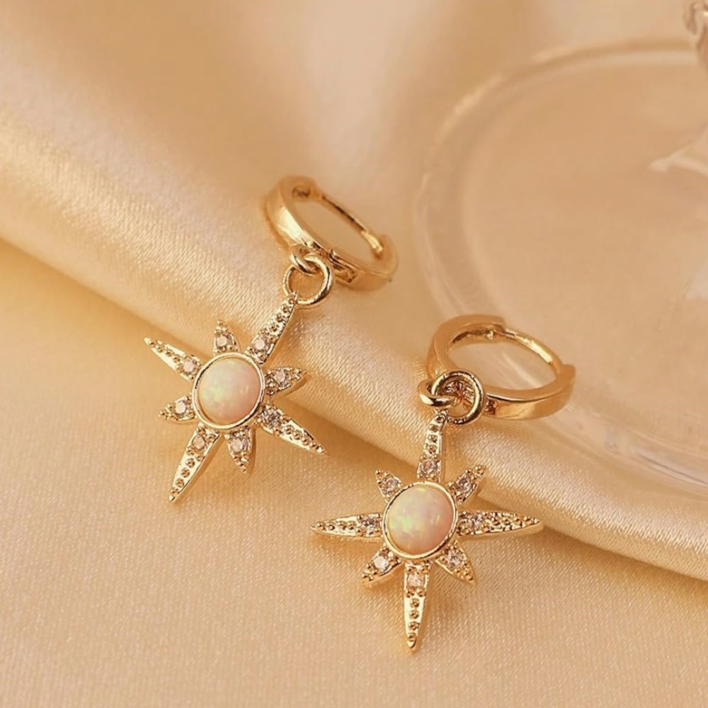 Gold Opal Starburst Hoop Earrings